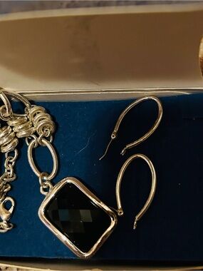 Silver-tone Black Faceted Pendant Necklace and Earring Set